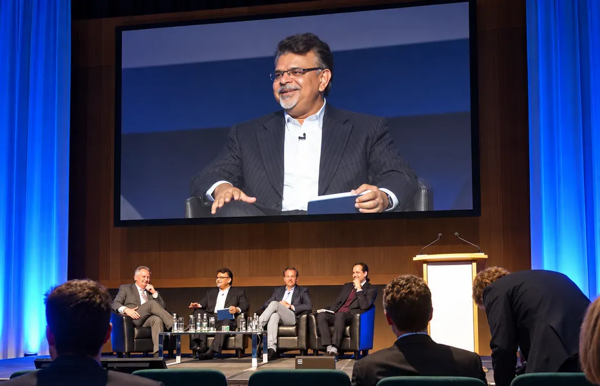 Parth Desai on an enterprise payments panel, his remarks on the auditorium screen behind him